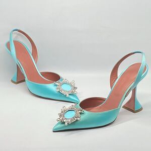 Amina Muaddi Begum Embellished Satin Slingback Pumps size 39